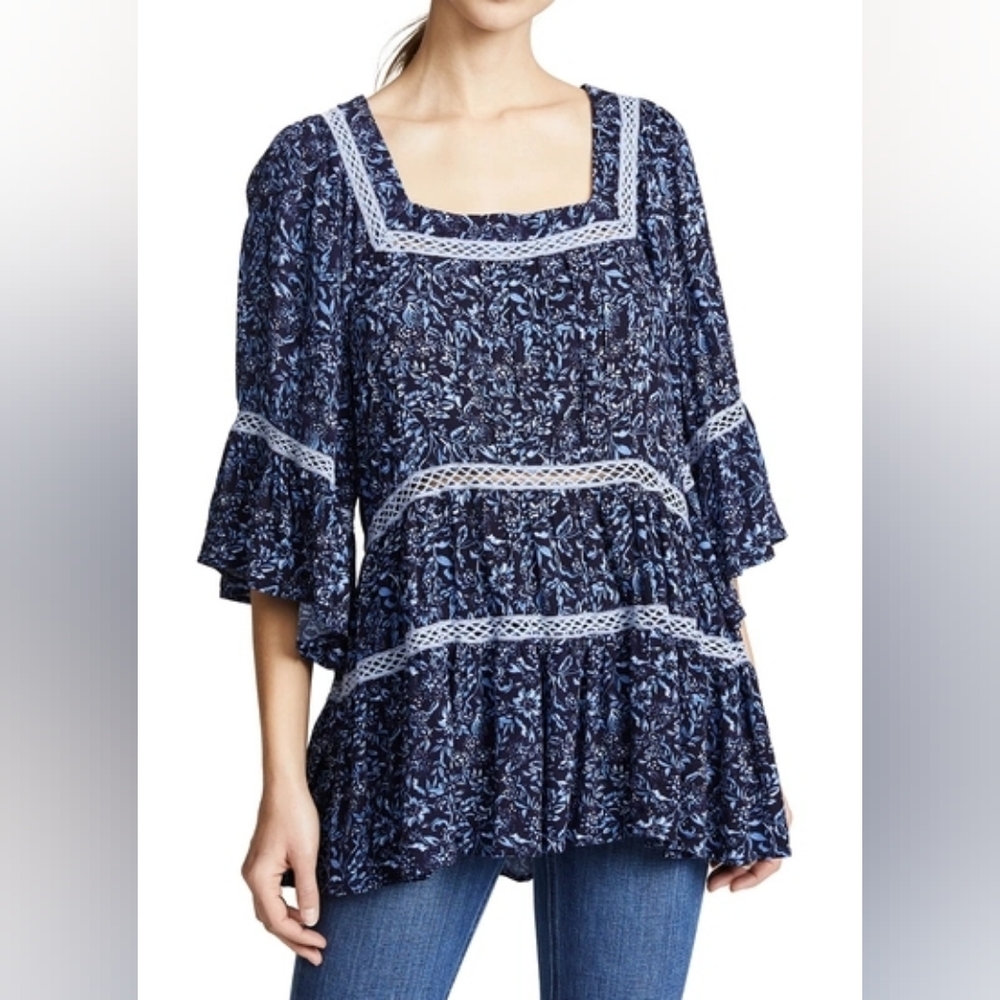 FREE PEOPLE Tunic Top in Blue Floral Square Neck Boho Size S